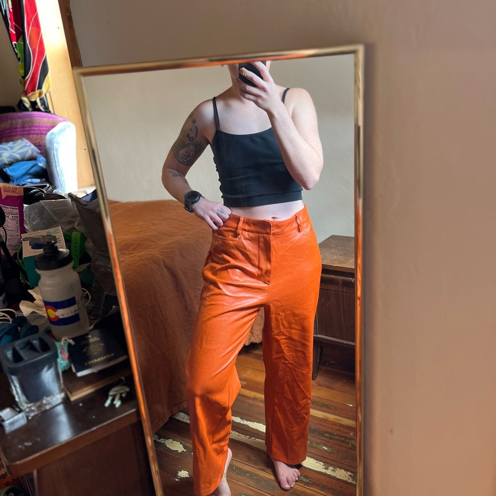 Orange Leather Wide Leg Pants